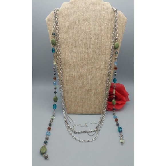 Premier Designs Silver Tone Necklace Multi Strand Chains Colorful Beads 36" - Picture 1 of 11